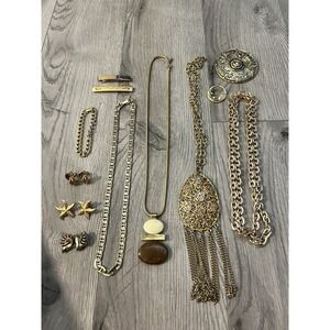 Lot Of 12 Gold Tone Vintage Jewelry, Necklaces, Clip Earrings,Tie Pin, Bracelet